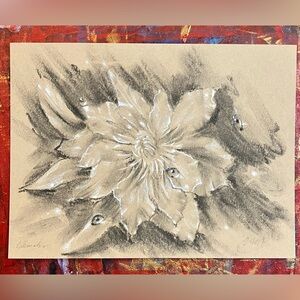 Original Art Clematis Flower Charcoal Pastel painting ladybugs nature garden USA